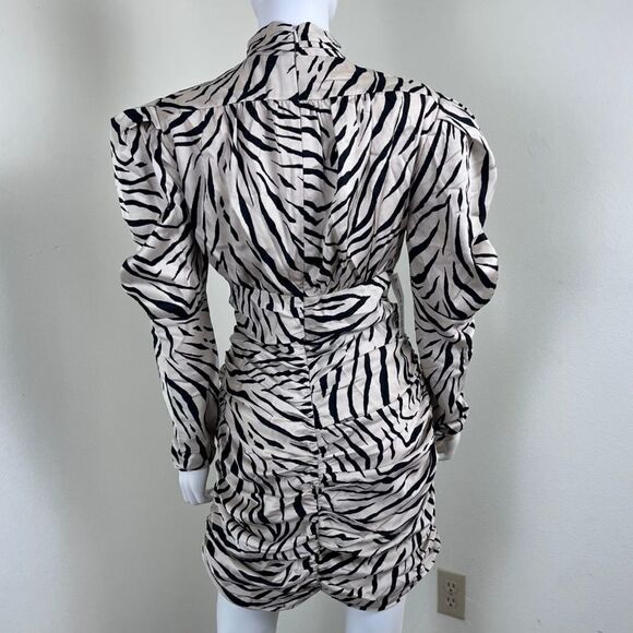 Bardot Women Size 10 Beige Animal Print Puff Sleeve Ruched Mini NEW Dress Party - Picture 3 of 16